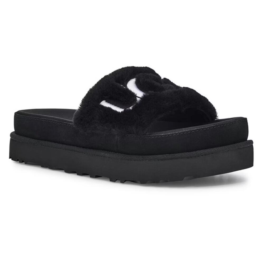 UGG Laton Fur Slide Sandals Black White Shearling Logo Women’s Size 9 New wo Box